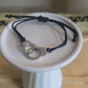 Adjustable Black Cord Bracelet with Silver Handcuff Charm